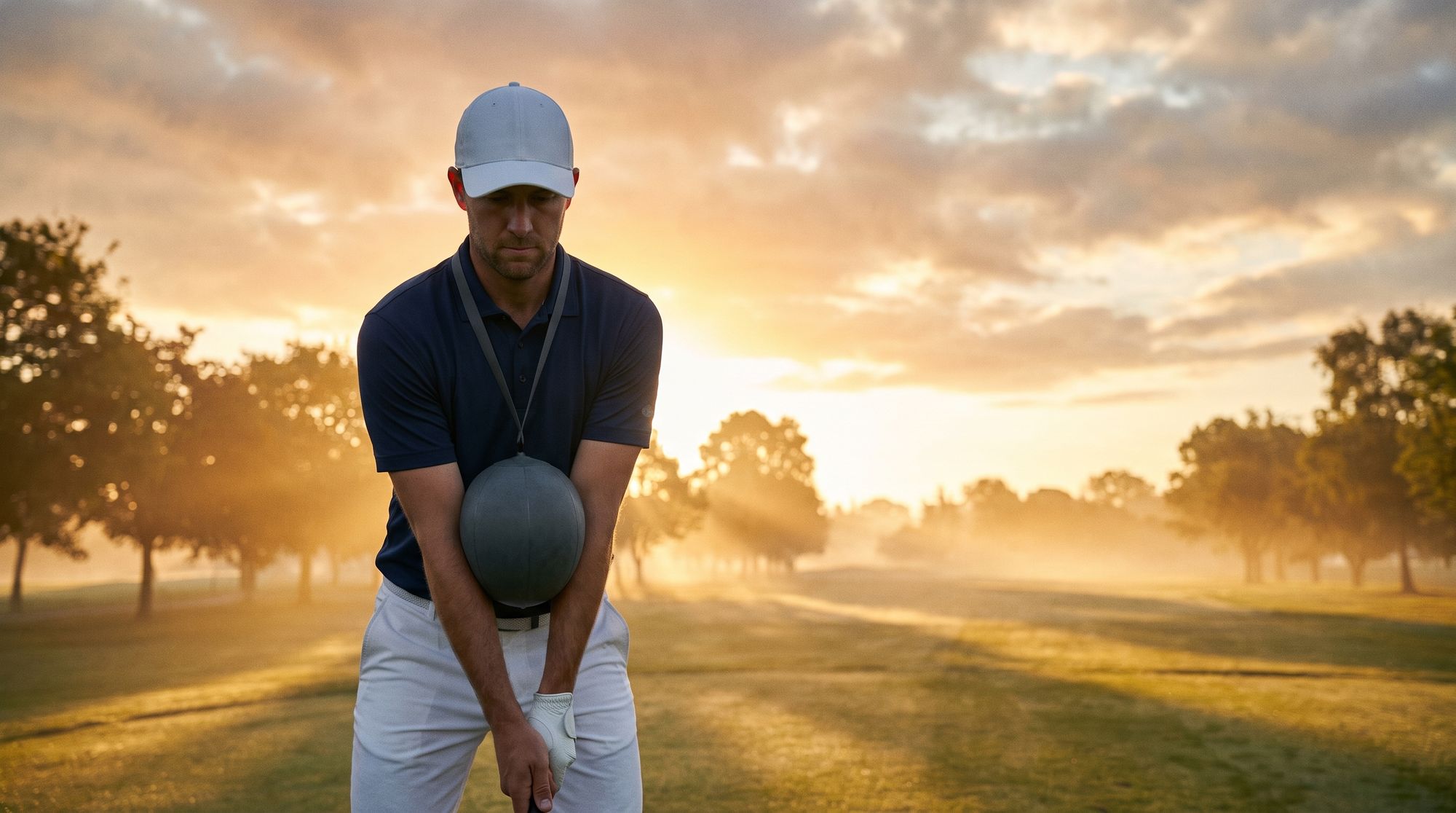 Golfer at address with the Sync Ball connection trainer held between the forearms